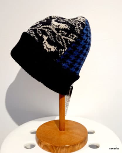20211124 165302 scaled Hat black&blue Blue&black cap, with a pattern of birds and pepito, with a black hem, made of mixed yarn from an Italian manufacturer, composed of 50% merino wool and 50% polyester. Because we make caps from our waste generated during the production of collections, the cap is never absolutely the same, each piece is original. Blue&black cap, with a pattern of birds and pepito, with a black hem, made of mixed yarn from an Italian manufacturer, composed of 50% merino wool and 50% polyester. Because we make caps from our waste generated during the production of collections, the cap is never absolutely the same, each piece is original.