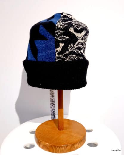 20211124 165320 scaled Hat black&blue Blue&black cap, with a pattern of birds and pepito, with a black hem, made of mixed yarn from an Italian manufacturer, composed of 50% merino wool and 50% polyester. Because we make caps from our waste generated during the production of collections, the cap is never absolutely the same, each piece is original. Blue&black cap, with a pattern of birds and pepito, with a black hem, made of mixed yarn from an Italian manufacturer, composed of 50% merino wool and 50% polyester. Because we make caps from our waste generated during the production of collections, the cap is never absolutely the same, each piece is original.
