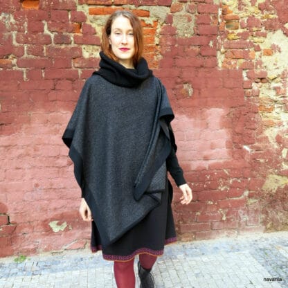 IMG 9302 Black-wool poncho with knitted hems and turtleneck The elegant poncho 150 x100 cm made of 100% wool / fabric / has a massive knitted black ribbed turtleneck in an obliquely cut center, into which you can snuggle or fold. The whole poncho is lined with a black 1.5 cm knitted cavity. 100% wool + yarn 100% wool Colors - black, black mottled, gray-black - hems and turtleneck are always black. Maintenance - we recommend dry cleaning or washing by hand in lukewarm water, then spread on a towel. no sizes 140x100cm The elegant poncho 150 x100 cm made of 100% wool / fabric / has a massive knitted black ribbed turtleneck in an obliquely cut center, into which you can snuggle or fold. The whole poncho is lined with a black 1.5 cm knitted cavity. 100% wool + yarn 100% wool Colors - black, black mottled, gray-black - hems and turtleneck are always black. Maintenance - we recommend dry cleaning or washing by hand in lukewarm water, then spread on a towel. no sizes 140x100cm