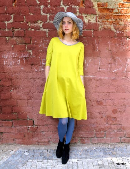 IMG 8324 Mary - yellow dress with pockets Flared dress, A-cut, with long sleeves and pockets and blue and white striped neckline. Sewn from a beautiful knit in a composition of 92% cotton and 8% elastane. We also offer an inverted striped variant with yellow edging.   Flared dress, A-cut, with long sleeves and pockets and blue and white striped neckline. Sewn from a beautiful knit in a composition of 92% cotton and 8% elastane. We also offer an inverted striped variant with yellow edging.  