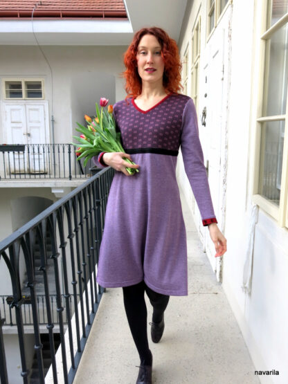 IMG 1995 TÍNA-knitted dress recycled Original recycled knit dress with tiny purple jacquard pattern, long sleeves with red trim, and red scalloped trim. Can be completed with the same patterned red jacket Material - mixed yarn in the composition of 50% merino wool and 50% polyester. All models are already pre-washed, and maintenance is very practical - hand washing or washing machine for a delicate program max. 30 degree. The only original model and available size - M Original recycled knit dress with tiny purple jacquard pattern, long sleeves with red trim, and red scalloped trim. Can be completed with the same patterned red jacket Material - mixed yarn in the composition of 50% merino wool and 50% polyester. All models are already pre-washed, and maintenance is very practical - hand washing or washing machine for a delicate program max. 30 degree. The only original model and available size - M