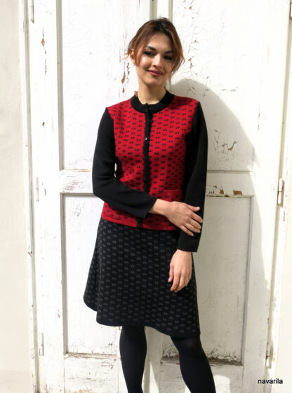 1024574126 4 2936029095 001 NEMO III.- patterned jacket with pockets The red patterned jacket was created by recycling the remaining parts that were waiting for a new life. Knitted with a jacquard pattern from cotton yarn, it guarantees the softest texture to all that is wool. Black sleeves, collar and placket, patch pockets and button fastening. Slightly tapered at the waist. Other sizes to order within 10 days. The models from recycled parts can never be exactly the same! Each model is original. Can be completed with a beautiful original dress of the same pattern or a skirt. Yarn composition - 50% cotton + 50% polyester. All our models are already pre-washed, maintenance is very practical - machine washes on a delicate program.   The red patterned jacket was created by recycling the remaining parts that were waiting for a new life. Knitted with a jacquard pattern from cotton yarn, it guarantees the softest texture to all that is wool. Black sleeves, collar and placket, patch pockets and button fastening. Slightly tapered at the waist. Other sizes to order within 10 days. The models from recycled parts can never be exactly the same! Each model is original. Can be completed with a beautiful original dress of the same pattern or a skirt. Yarn composition - 50% cotton + 50% polyester. All our models are already pre-washed, maintenance is very practical - machine washes on a delicate program.  