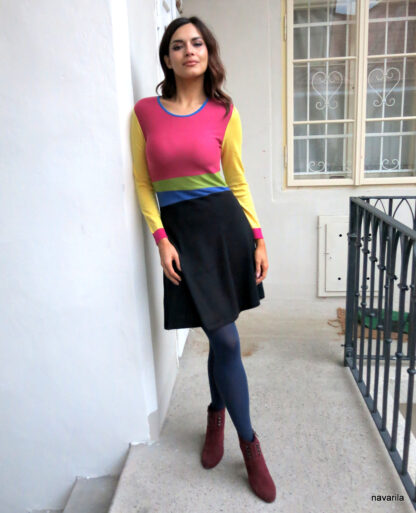 IMG 3838 FILI-multicolored knitted dress Original knitted dress in a combination of multi-colored parts, with long yellow sleeves, a black skirt, a pink top, and a blue trim at the neckline. Material - mixed yarn in the composition of 50% cotton + 25% wool + 25% polyester. All models are already pre-washed, and the yarn does not bite and does not pill - very practical maintenance - wash by hand or in the washing machine on a delicate program. The only original model - size S/M Original knitted dress in a combination of multi-colored parts, with long yellow sleeves, a black skirt, a pink top, and a blue trim at the neckline. Material - mixed yarn in the composition of 50% cotton + 25% wool + 25% polyester. All models are already pre-washed, and the yarn does not bite and does not pill - very practical maintenance - wash by hand or in the washing machine on a delicate program. The only original model - size S/M